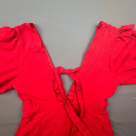 Mulla Red Linen Jumpsuit | Puff Sleeves Deep V Tie Back | Size M - Picture 8 of 10